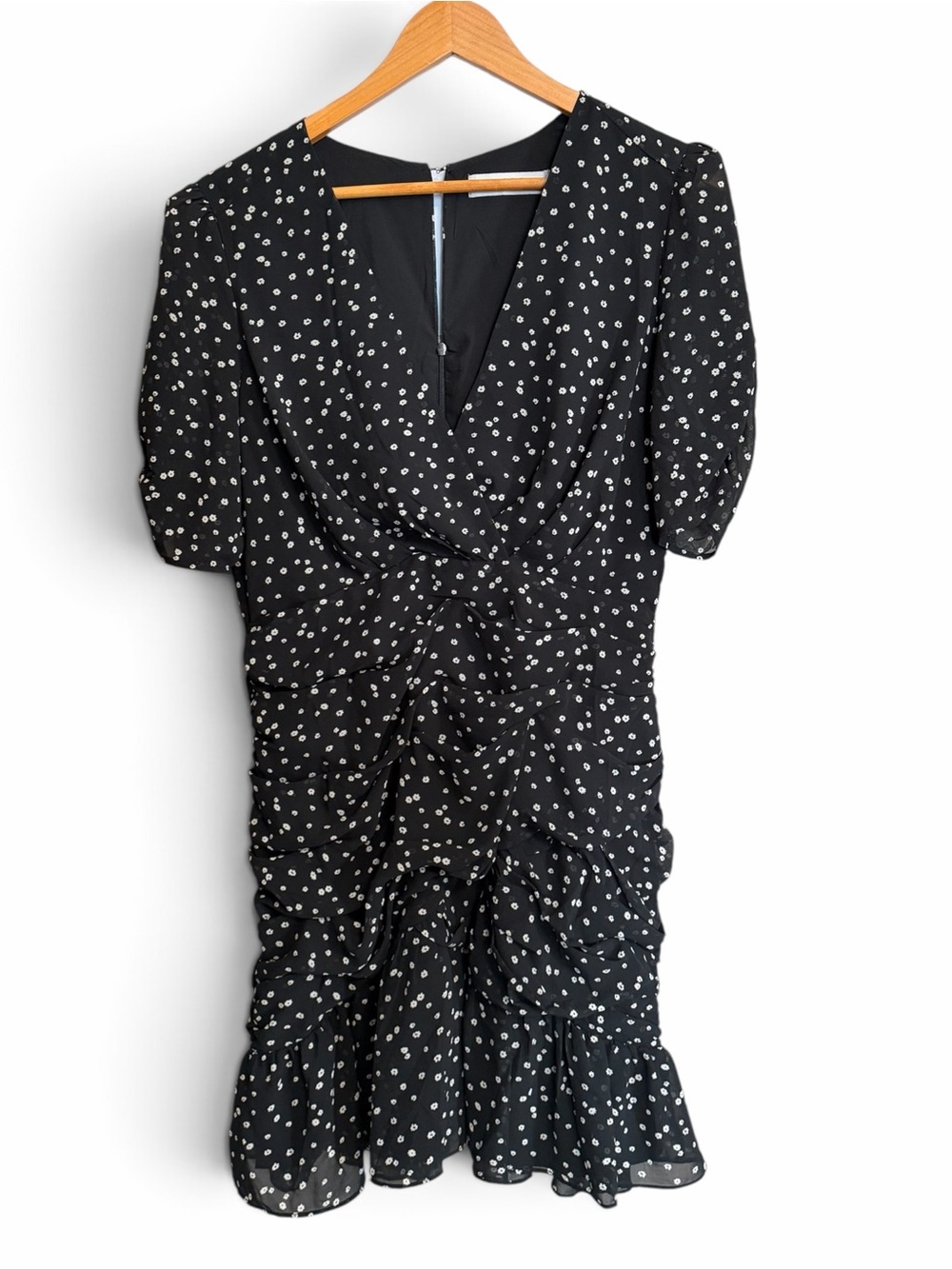 Astr Black Midi Dress with White Flower/Dot and Ruffle Detail